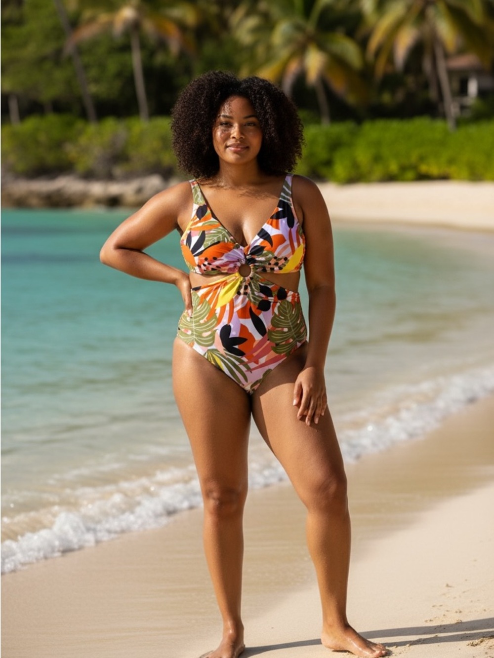Bar III Tropical Print Cutout One-Piece Swimsuit - Orange, Green, Pink, Black